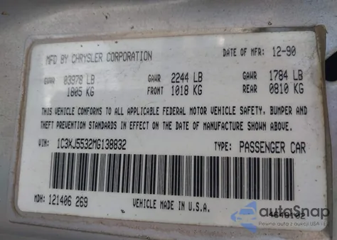 1991 Chrysler Lebaron Lx из США, поврежденный, VIN 1C3XJ5532MG138832